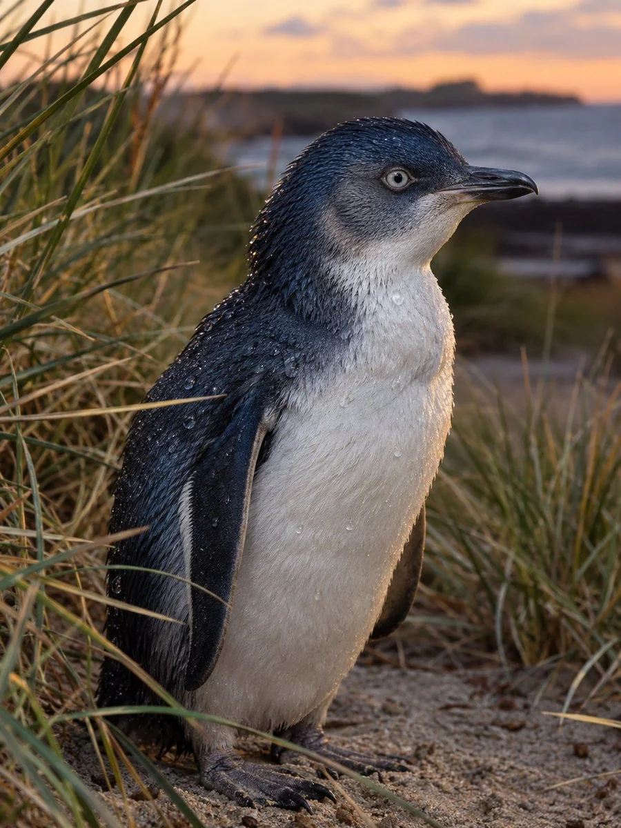 Ein Zwergpinguin steht bei Dämmerung zwischen Tussock-Gras.
