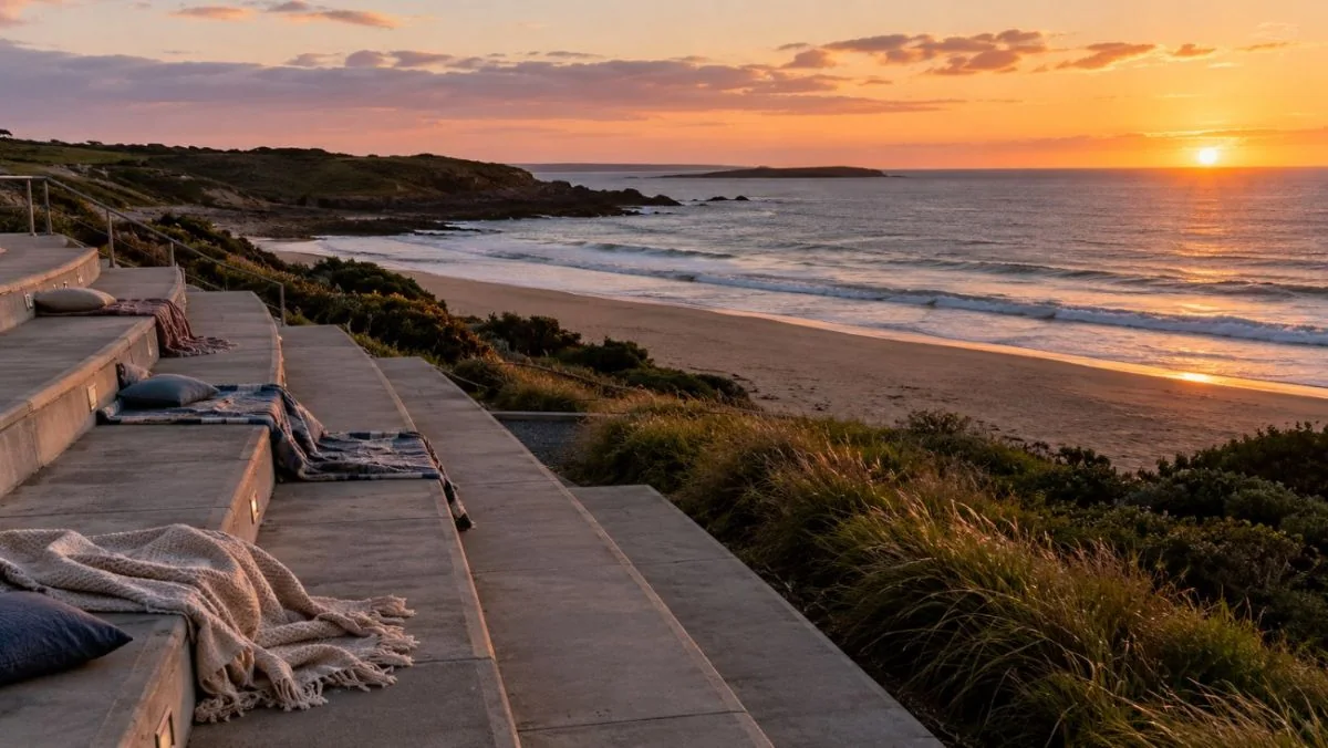 Abgestufte Sitzstufen mit Blick auf einen Sandstrand und das Meer in der Dämmerung