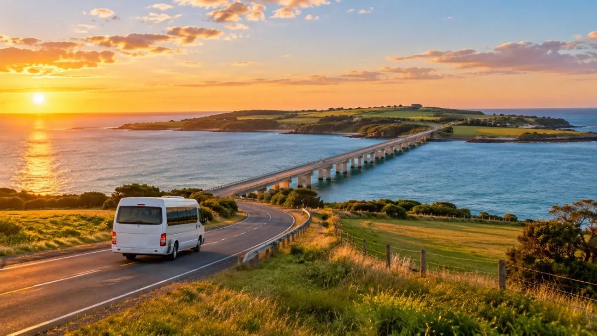 Ein weißer Kleinbus auf einer Küstenstraße, der sich der Brücke nach Phillip Island nähert